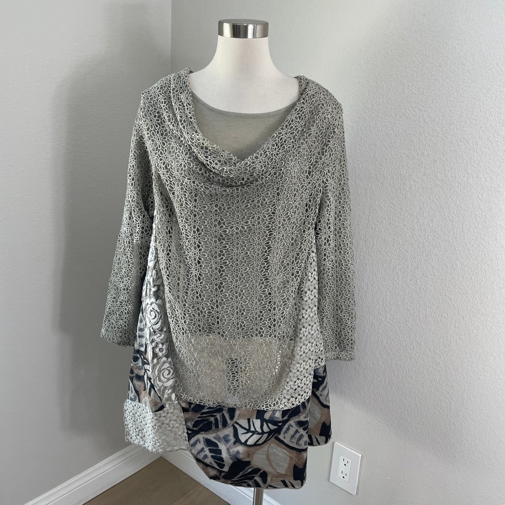 Simply Couture Plus 2X Tunic Top Lace Mixed Media Floral Crochet Lagenlook